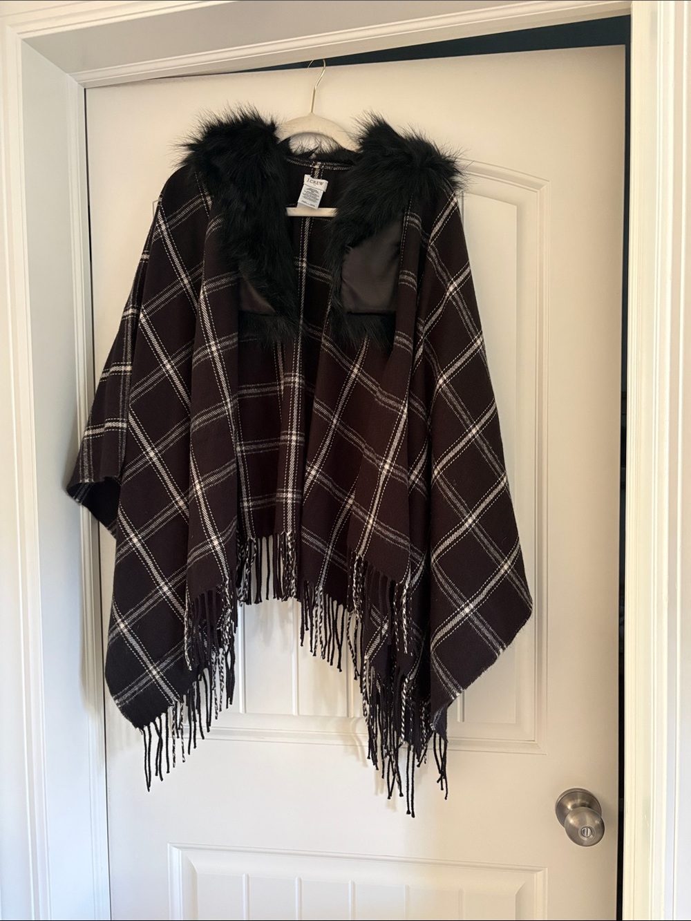 J. Crew Black Plaid Fringe Poncho with Faux Fur Trim